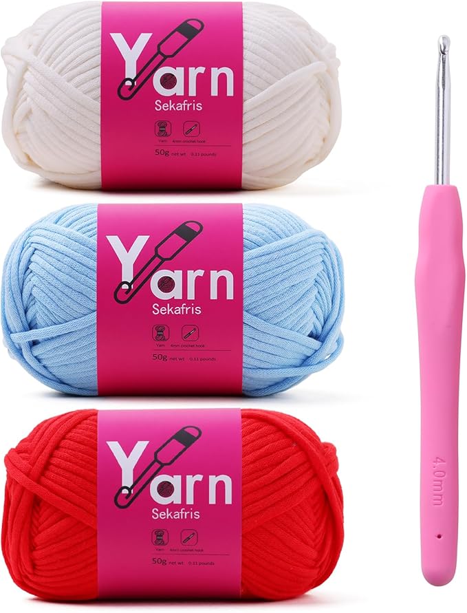 Crochet Yarn with Cotton Yarn for Crocheting - Crochet Knitting Yarn for Beginners with Easy-to-See Stitches - Yarn for Crocheting - Chunky Yarn - Cotton Blend(Crimson+White+Pale Blue)