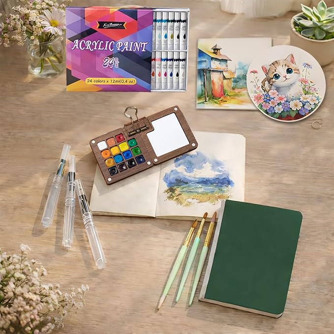 fsdyknej Mini Watercolor Travel Paint Set, Walnut Wood 15-Color Compact Travel Art Kit, with Paint Brushes, Water Brush, Watercolor Cards, Unique Creative Gift for Birthdays, Holidays & Art Lovers