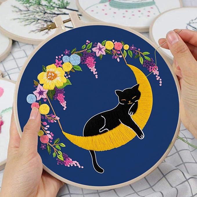 Louise Maelys 3 Sets Cat Moon Embroidery Kits for Beginners with Floral Pattern, Cross Stitch Kit for Adults, DIY Needlepoint for Starter