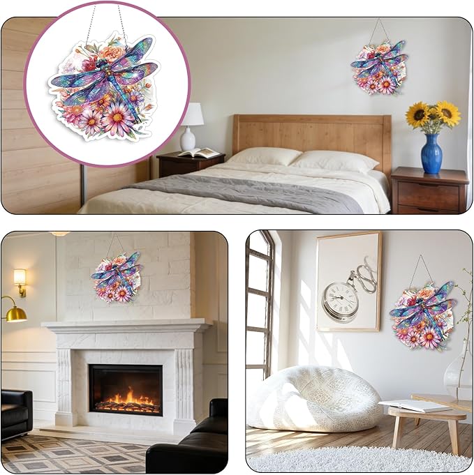 Roneenz Diamond Painting Kits Hanging Pendant, Floral Dragonfly Hanging Diamonds Art kit for Adults, Special Shaped DIY 5D Art Window Decor, Home Garden Room Decor Gifts for Women and Girls