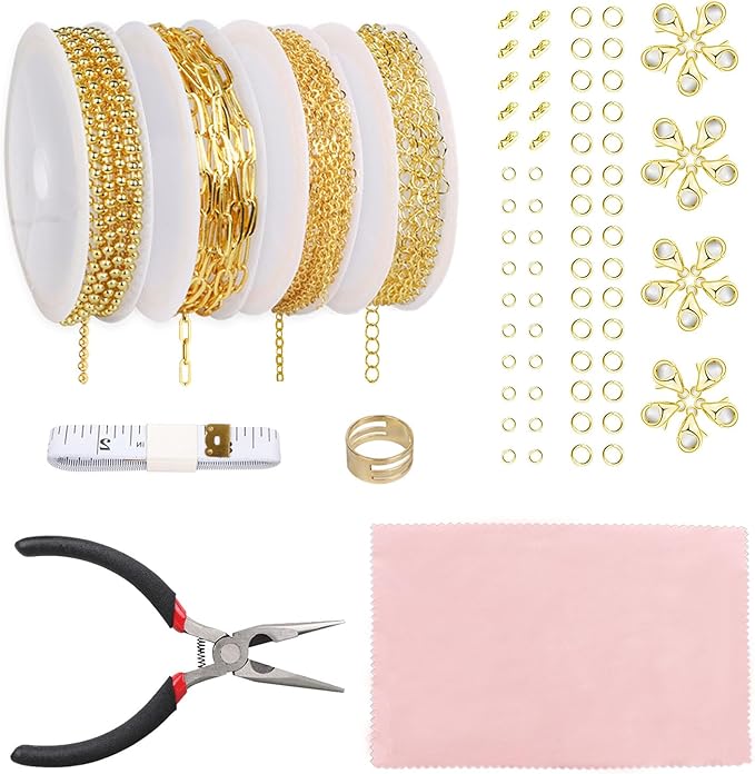 Fesorsi Gold Chain for Jewelry Making, 29.5ft 4 Style Steel Jewelry Chain, Electroplating Process, for DIY Necklace Chains, Tassel Pendants, with Jump Ring, Lobster Clasp, Pliers