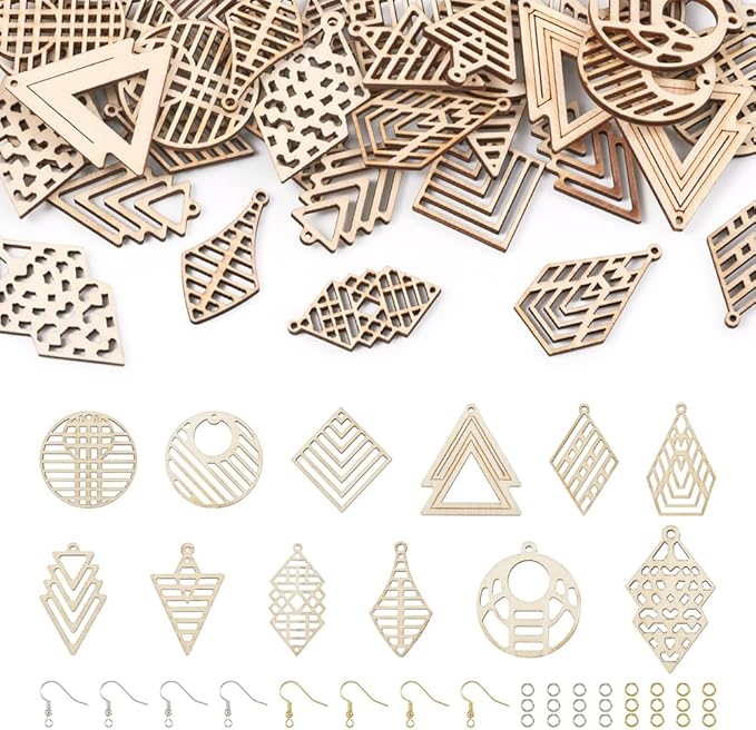 Boho Wooden Earring Making Kit 12 Styles Unfinished Natural Wood Filigree Pendants Round Rhombus Tree Arrow Kite Earring Charms with Ear Wire Jump Rings for DIY Jewelry Making