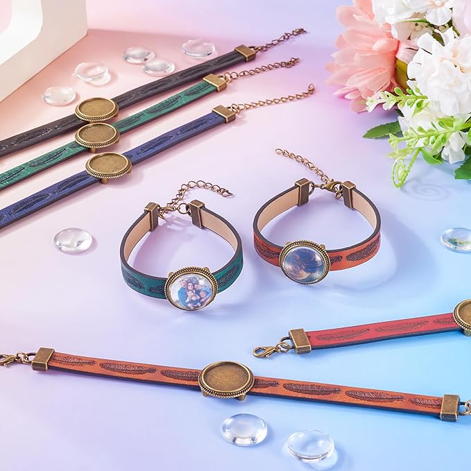 FASHEWELRY 5Pcs Adjustable Round Tray Bracelet Kits PU Leather Cord Bracelet Blanks Bezel Tray Settings with Round Glass Cabochons for Jewelry Making (Antique Bronze)