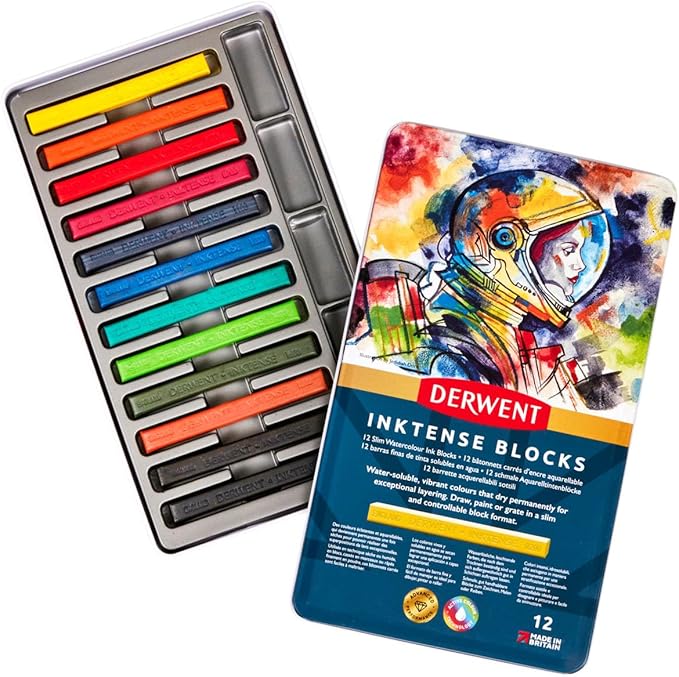 Derwent Inktense Blocks 12 Tin, Set of 12, 8mm Block, Soft Texture, Watersoluble, Ideal for Watercolor, Drawing, Coloring, Crafts and Painting on Paper and Fabric, Professional Quality (2300442)