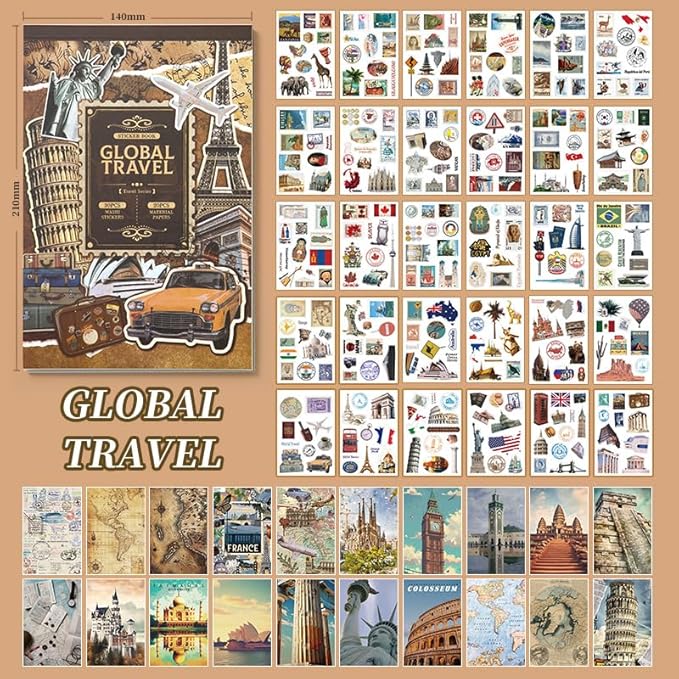50 Sheets Travel Scrapbook Sticker Book for Scrapbooking, 300+ Washi Stickers with 20 A5 Scrap Book Papers for Journaling, Junk Journal Supplies, Collage, Bujo, Art Crafts
