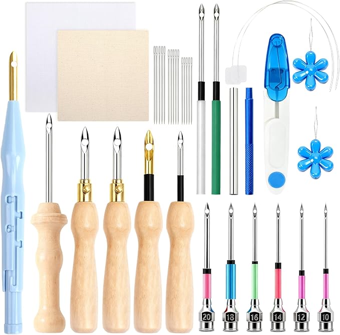 AUGSUN 39Pcs Punch Needle Embroidery Kit, Punch Needle Accessories Set Include Monk's Cloth Cross Stitch Fabric Adjustable Punch Tool for Handicraft Gifts Embroidery DIY Crafting Activity