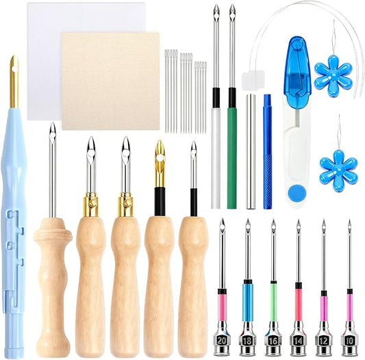 AUGSUN 39Pcs Punch Needle Embroidery Kit, Punch Needle Accessories Set Include Monk's Cloth Cross Stitch Fabric Adjustable Punch Tool for Handicraft Gifts Embroidery DIY Crafting Activity
