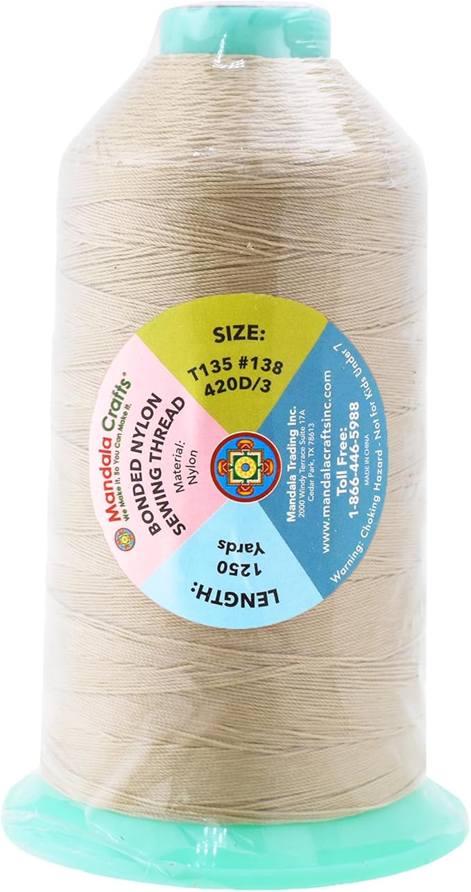 Mandala Crafts Size 138 420D T135 Bonded Nylon Thread - Cream 1250 YDs Tex 135 Heavy Duty Sewing Threads for Leather, Jeans, Weaving, Outdoor Marine Upholstery