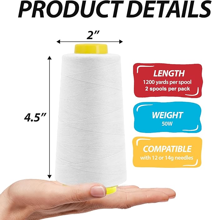 Mandala Crafts Black White Thread Cones for Machine and Hand Quilting - 4800 Yds 50 WT Multiple Purpose Mercerized 100% Cotton Threads for Sewing Machine Serger Embroidery
