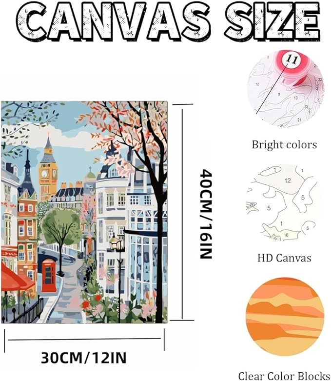 Mosaflare Paint by Numbers for Adults Beginner, London Adult Paint by Number Kits on Canvas, DIY Travel Scenery Acrylic Oil Easy Painting by Numbers for Home Wall Decor 12X16 inch (Without Frame)