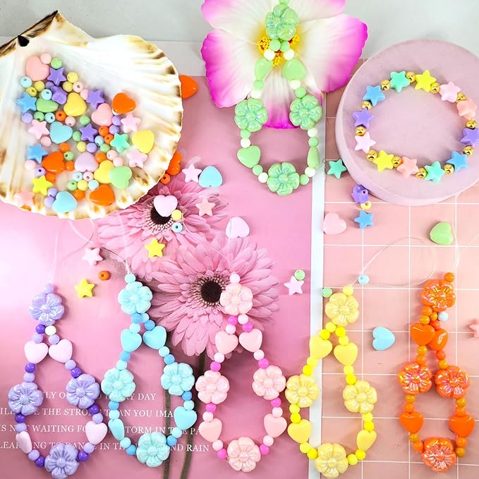 720Pcs Macaron Colors Assorted Beads for Jewelry Making, Acrylic Star Hart Flower Beads for Bracelets Making Round Pastel Beads Colorful Aesthetic Beads Bulk for Necklaces Phone Chains