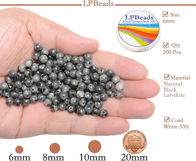 LPBeads 200Pcs Polished 6mm Round Natural Black Larvikite Gemstone Loose Beads with Stretch Cord for Jewelry Making Bracelets