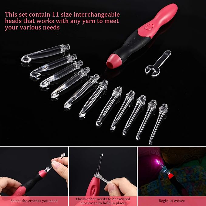 Chuangdi 11 Sizes Lighted Crochet Hooks Set Rechargeable Crochet Hook Light up Hooks with Case, Interchangeable Heads 2.5 mm to 8 mm for DIY Craft Supplies(Red-Black)