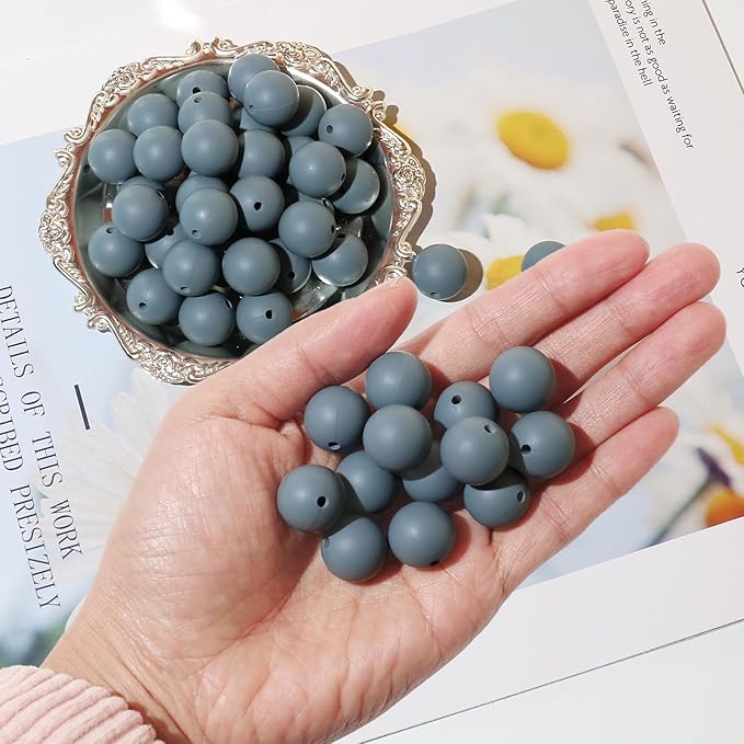 120pcs Richbunnys 15mm Bulk Silicone Beads for Pens and Keychain Making,Large Bead for Necklace and Bracelets Making,Assorted Rubber Beads Set（Dark Gray）