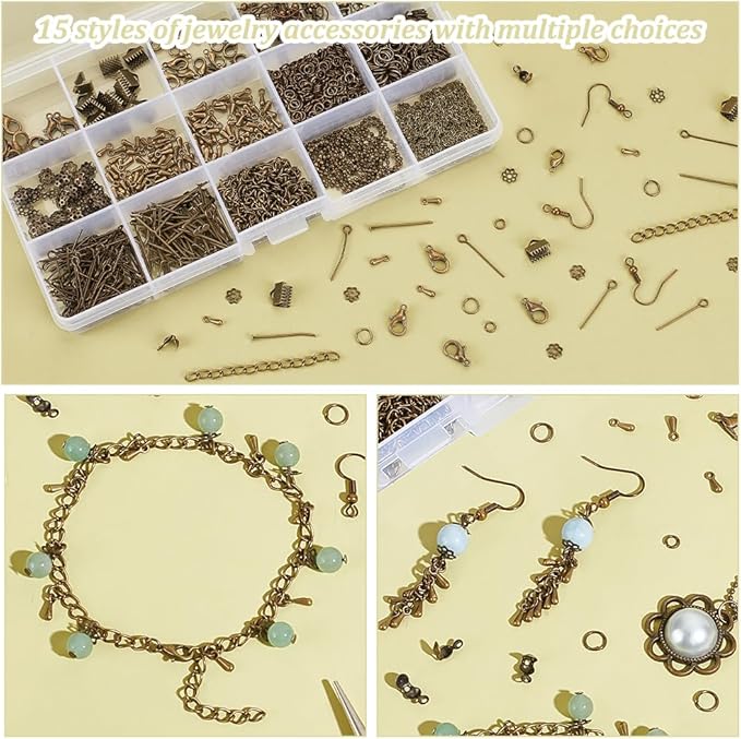 PH PandaHall About 870 Pcs Jewelry Finding Kits with Lobster Claw Clasps, Jump Ring, Ribbon Clamp End, Earring Hook, Flower Bead Cap, Cord End, Eye Pin, Head Pin, Extender Chain, Tip Knot, Drop End