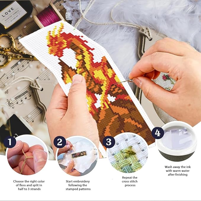 INFUNLY 6 Set DIY Cross Stitch Bookmark Kit Loong Cross Stitch Kits 8"x2.4" Pre-Printed Dragon Stamped Embroidery Bookmark Kit with Instructions for Beginners Book Lovers Adults Gift