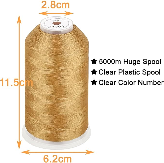 New brothread - Single Huge Spool 5000M Each Polyester Embroidery Machine Thread 40WT for Commercial and Domestic Machines - Gold (Janome Color)