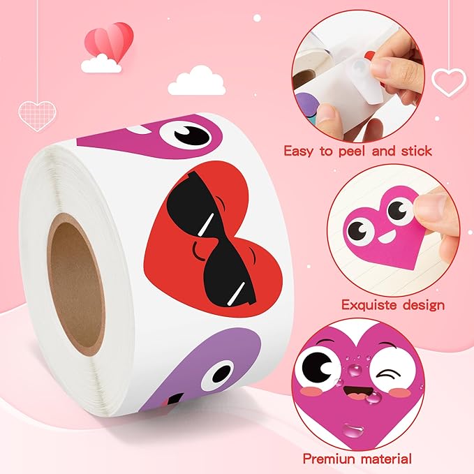beyumi valentine smile face sticker - 1000pcs valentine's day heart shaped smile face stickers in 2 rolls cute valentine heart waterproof adhesive decal greeting card envelope party gift decor for kid