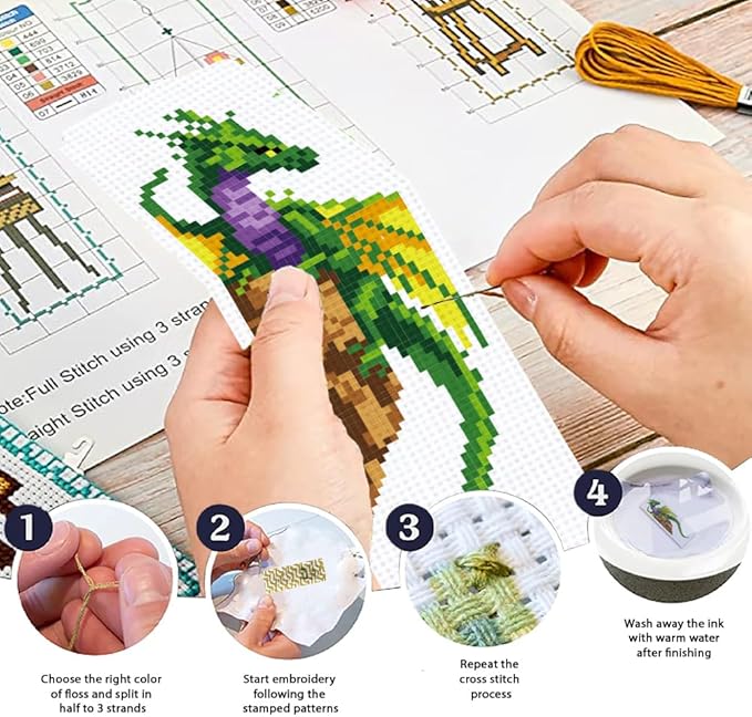 ORIGACH 6 Set Dragon and Loong Cross Stitch Bookmark Kit for Beginner with Backing Felt Floss Instructions DIY Stamped Embroidery Bookmark Kit for Adults, Book Lovers