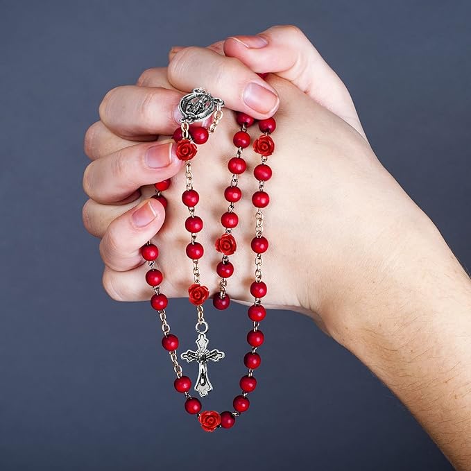 140 Pcs Rosary Making Supplies Carved Rose Beads Flower Beads Kit Cross Centerpiece Crucifix Medal, Silver Jesus Maria Pendant for Bracelet Necklace(Red)