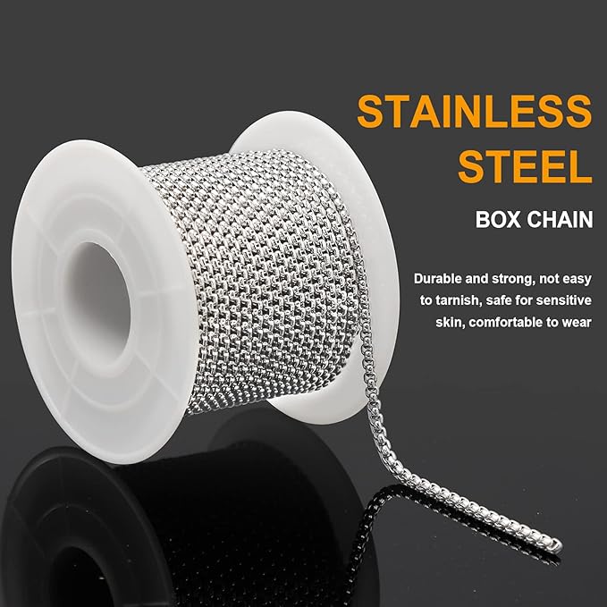 KYUNHOO 10M Stainless Steel Chain Bulk Silver Rolo Chains for Jewelry Making 2.5mm Square Beaded Chain Roll with Jump Rings and Lobster Clasps Men and Women Necklace DIY Jewelry Supplies