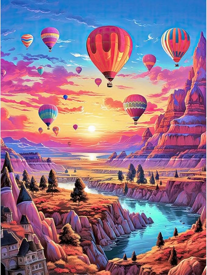 Diamond Art Kits for Adults Hot Air Balloon, 5D Sunset Landscape Diamond Painting Kits for Beginners, DIY Mountains Lake Full Round Dots Drill Gem Art Kit for Gift Home Wall Decor 12 x 16 Inch