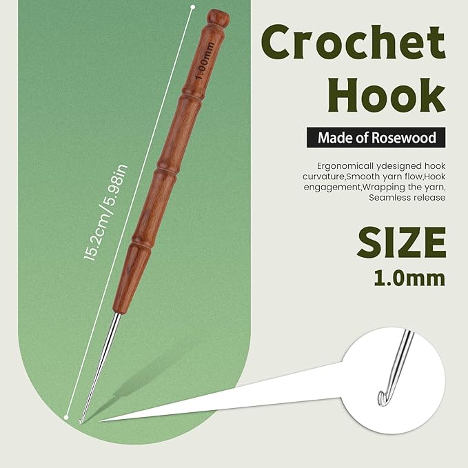 Wuadua 1mm Crochet Hook, Ergonomic Crochet Hook with Wooden Handle, Crochet Needle for Arthritic, Ideal for 60#-80# Lace Thread, Micro Crochet Hooks Perfect for Miniature Delicate Items