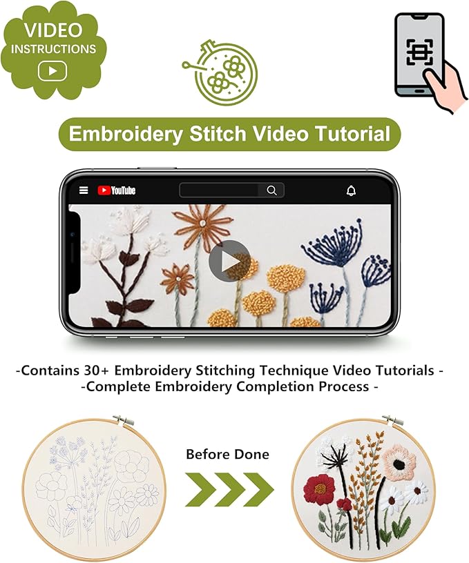 Santune 3 Sets Embroidery Kit,Cross Stitch Kits for Beginners,Needlepoint Kits for Adults with Easy Floral Pattern Hand Crafts,Hoop,Needle,Mothers Day Gifts