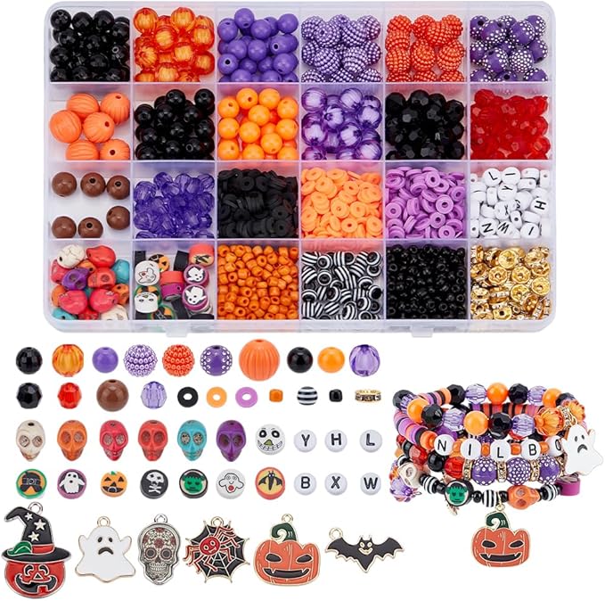 PH PandaHall Halloween Friendship Bracelet Kit, 1370+ Halloween Beads 24 Styles Orange Purple Acrylic Bead Skull Ghost Beads Charms Clay Heishi Bead for Jewelry Making Bracelet Necklace DIY Crafts