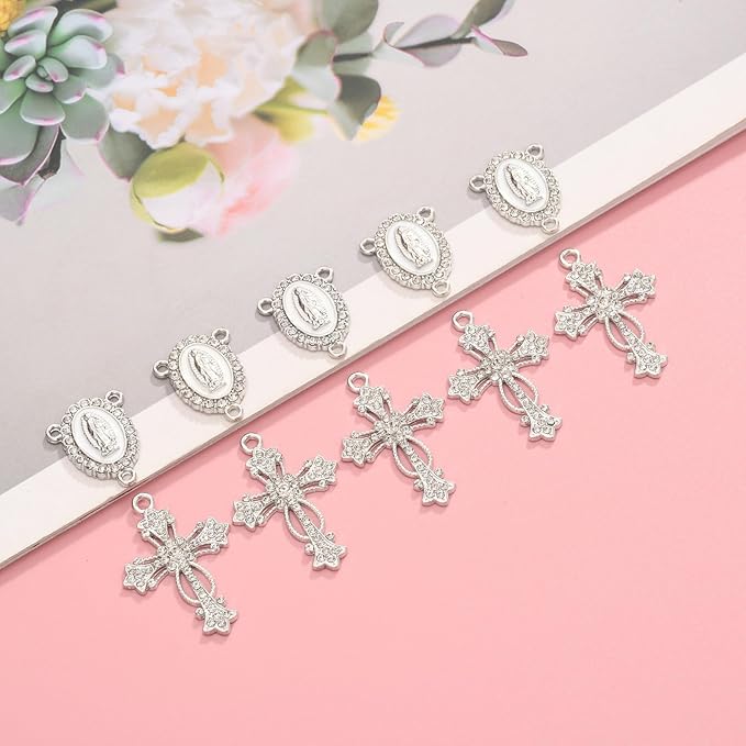 Jiali Q 20 Piece Set Rhinestone Cross Connectors and Pendants for Jewelry Making (Silver - Cross B)