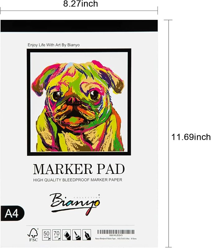 bianyo bleedproof marker paper pad, a4(8.27"x11.69"), 50 sheets, 18 lb / 70 gsm, glue-bound, 100% cotton, white, ideal for use with markers and ink mediums
