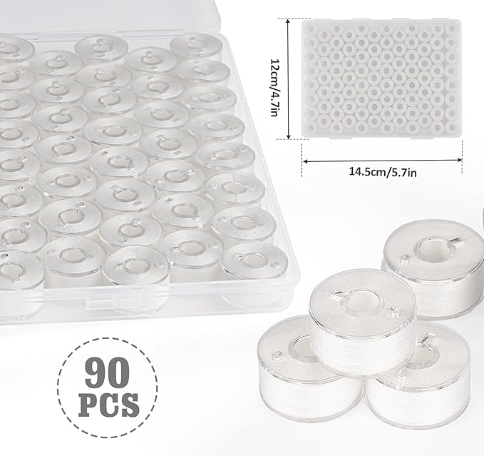 ilauke 90 pcs White Bobbin Thread, Size A Prewound Sewing Thread Bobbins with Clear Storage Plastic Case Box Compatible with Brother Singer Embroidery BabyLock Janome Singer, 60WT