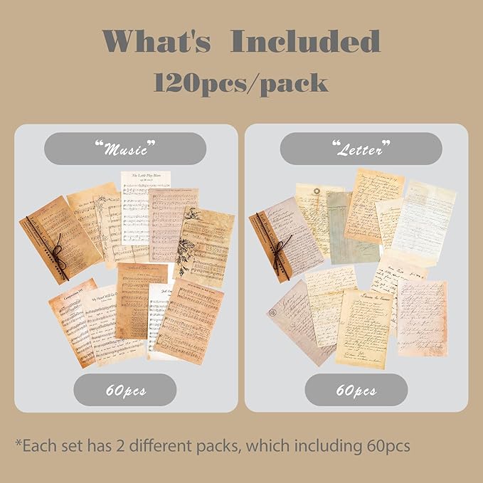 SIBLYMONA 120Pcs Vintage Scrapbooking Paper, Junk Journal Supplies Kit, Aesthetic Ephemera and Decorative Paper for Crafting, Decoupage Materials Bulk Pack (Sheet Music)