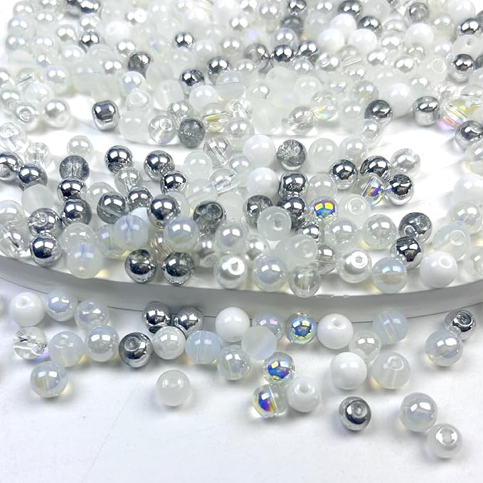 300pcs 6mm Glass Beads, Assorted Glass Beads for Jewelry Making, White Series Round Spacer Bead Kit for Bracelet Necklace DIY Craft
