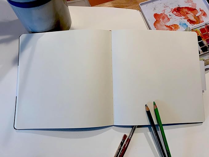 square-shaped sketchbook, 8.3 x 8.3 inches, lays flat flexible sketch book for artists, ideal for ink, water color, pen, pencils, 160 tear resistant pages, size: square medium, leda art supply