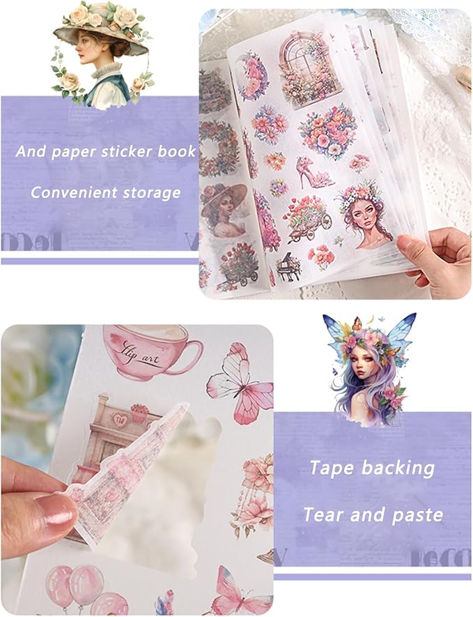 Vintage Washi Sticker Book, 24 Sheets Retro People Cute Aesthetic Stickers for Scrapbook Junk Journal Supplies Collage DIY Crafts Phone Cases Adult