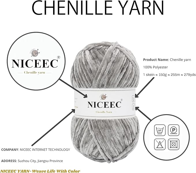 NICEEC 2 Skeins Soft Chenille Yarn Blanket Yarn for Knitting Fancy Yarn for Crochet Weaving DIY Craft Total Length 2×255m (2×279yds, 2×150g)_Light Grey