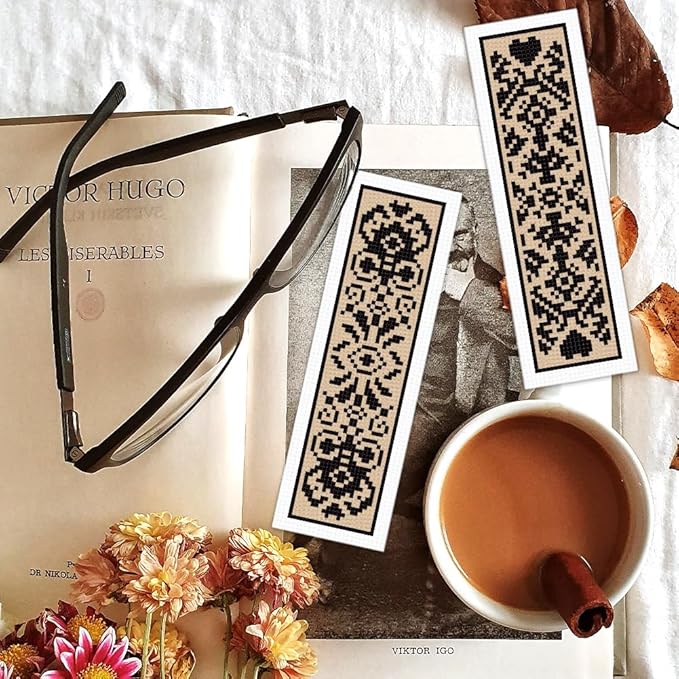 BEUNITONE 6 Pcs Cross Stitch Bookmark Kit DIY Vintage Decorative Border Counted Cross Stitch Stamped Kits for Adults Beginners with Instructions Embroidery Bookmark Kit for Book Lovers 2.4x7.9 in