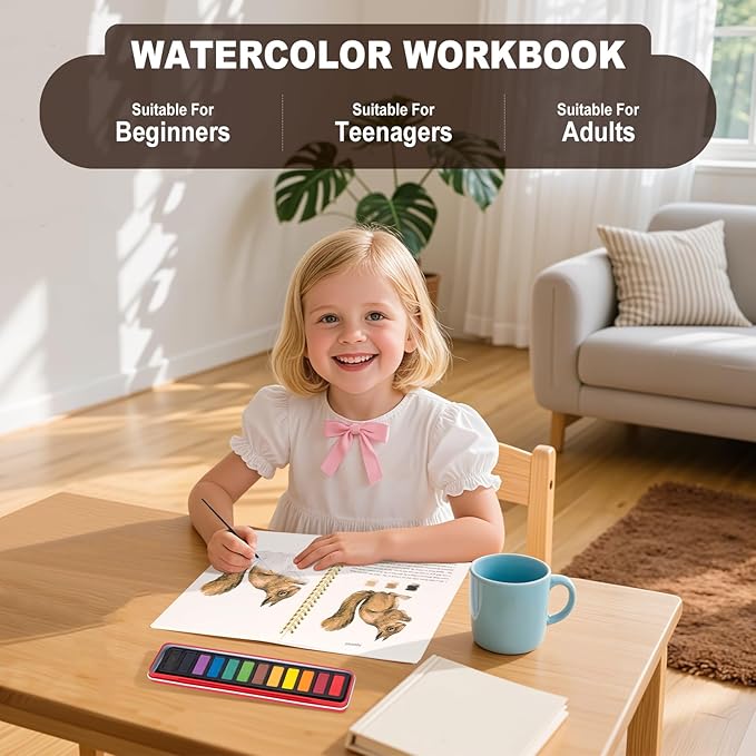 Metyond Beginner Watercolor Workbook Kit - Watercolor Painting Kit with 1 Workbook 12 Colors Paint Set with Brush, Beginner Friendly Watercolor Paint Set Gift for Adults Teens (Autumn)