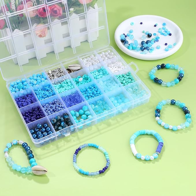 Blue Clay Beads for Bracelet Making Kit, 24 Colors 3500pcs Friendship Bracelet Making Kit, Small Glass Beads for Jewelry Making, Blue Ocean Series Colorful Crystal Beads and Crafts DIY Gifts