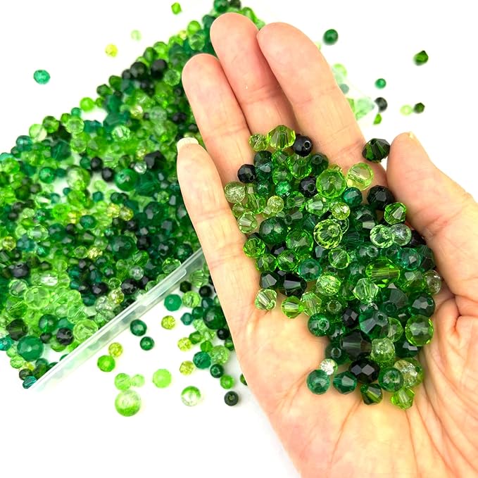 1000pcs Crystal Glass Beads for Jewelry Making - Green Color Assorted Size and Styles (Bicone, Rondelle, Crackle Round) Craft Glass Beads, DIY Bracelet Necklace Earring Craft Kit with Organizer Box