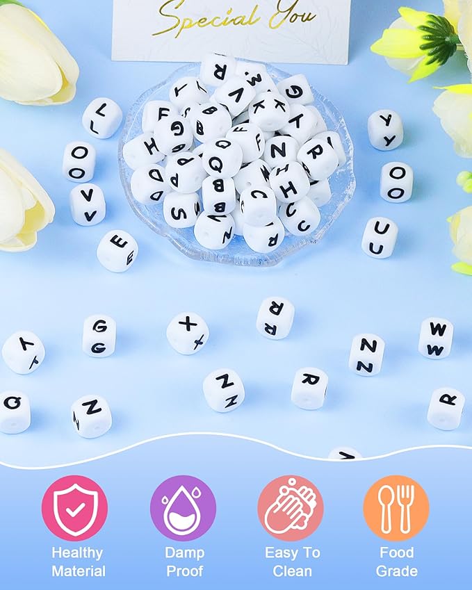 20Pcs FIVEIZERO Silicone Letter Beads, White 12mm Vowels Alphabet Beads,Square Letter Bead for Bracelets and Keychains, Large Letter Bead for Necklaces and Lanyards Making