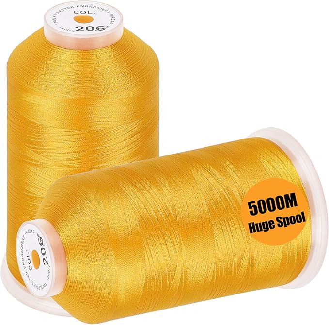 New brothread - 2 Huge Spools 5000M Each Polyester Embroidery Machine Thread 40WT for Commercial and Domestic Machines - Harvest Gold