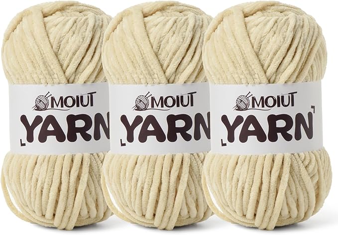 3 Pack Fluffy Chenille Yarn for Crocheting, Chunky Velvet Yarns for Crochet Amigurumi, Baby Yarn for Crocheting Soft Blanket, 262.4yds /10.5 oz Bulky Yarns for Crafts/Hats/Shoes/Socks (3 Beige)