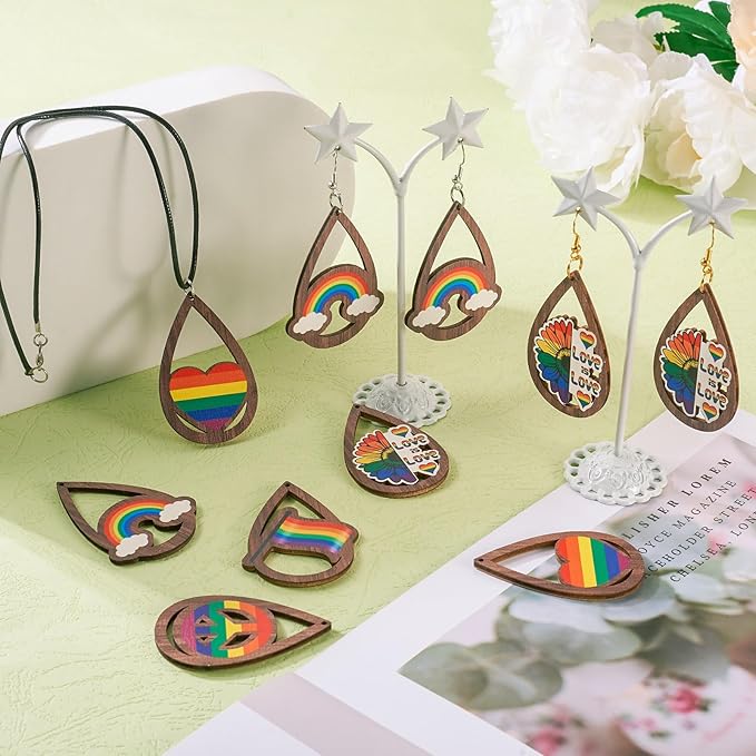 Beadthoven 20 Pairs DIY Gay Pride LGBT Wood Dangle Earrings Making Starter Kit Lesbian Big Wooden Rainbow Charms Pendant Pride Parade Supplies Earring Hooks Jump Rings for Jewelry Making