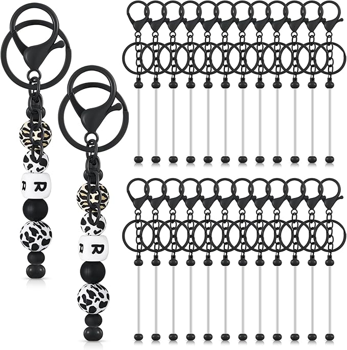 Tondiamo 24 Pcs Beadable Keychain Bars Bulk Beads for Keychain Making Kit Gifts for Women Men DIY Crafts(Black)