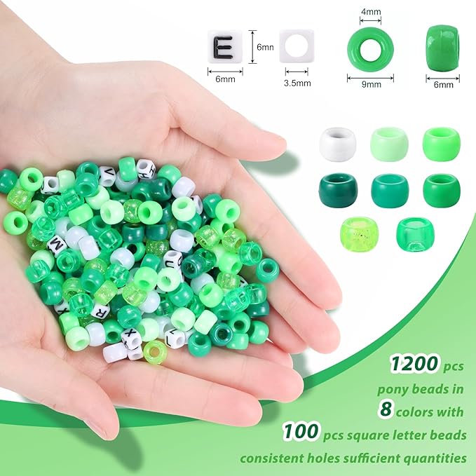 Green and White Beads, 1200 Pcs Pony Beads Bulk and Letter Beads, Kandi Beads Hair Beads for Girls Adults, Plastic Beads for Bracelets Jewelry Making DIY Crafts