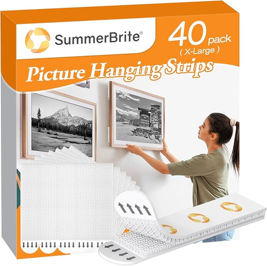XL Picture Hanging Strips Heavy Duty, 40 Strips Damage Free Removal Picture Hangers for Wall, Sticky Hook & Loop Adhesive Strips for Poster/Picture/Home/Office, 20 Pairs/X-Large, White