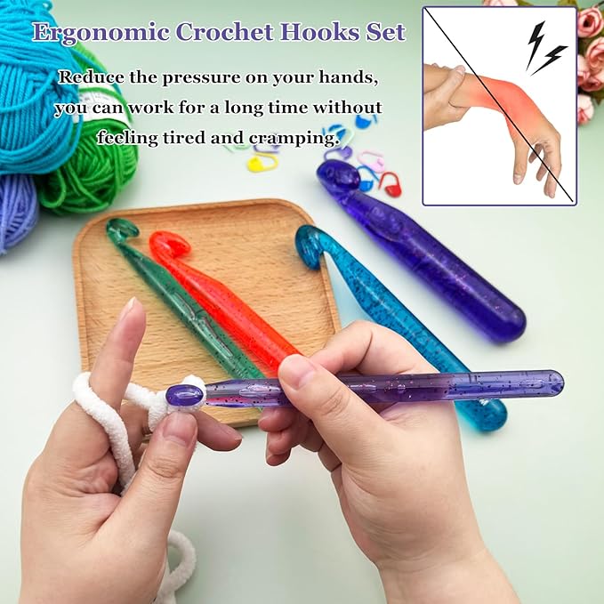 Hobekoee 12mm Large Crochet Hook for Chunky Yarn,Ergonomic Crochet Needles for Arthritic Hands,Plastic Crystal Smooth Crochet Hooks for Handmade DIY Crocheting