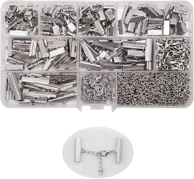 INSPIRELLE 100 Sets Assorted Size Rhodium Ends for Ribbon Bracelet Bookmark Making Crimps Kit with Lobster Clasps and Chain Extenders